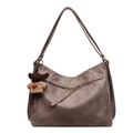 Retro dark brown tote bag with decorative leather strap and cute teddy bear charm - Khaki