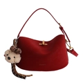 Borsa baguette minimalista bordeaux con chiusura dorata e ciondolo a orsetto - Set di ciondoli / Rosso con ciondolo