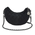 Borsa a mezzaluna in denim nero trapuntato con tracolla a catena e ciondolo rosa - Grande / Nero