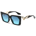 Lunettes de soleil carrées avec monture noire, verres dégradés bleus et branches dorées - Monture Noire Verres Gris Bleu