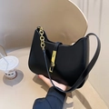 Black vegan leather Hobo shoulder bag with gold chain strap and metallic lock detail - Black
