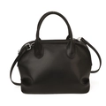 Minimalist black leather shell bag with round top handles and silver hardware finish - Smooth Black