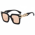 Square black sunglasses with light orange lenses and gold metal chain link temples - Black Frame Light Tea Lens