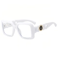 Moderne weiße übergroße Brille mit Kettendesign am Bügel und goldenem Hirsch-Logo-Detail - Weißer Rahmen
