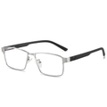 Classic silver metal rectangular eyeglasses with textured black temples on white background - Silver Frame