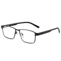 Classic black rectangle frame glasses with textured temples and V-shaped metal logo - Black Frame