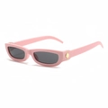Modern rectangle sunglasses with light pink frames and gold metal hinges on white background - Pink Frame Dark Grey Lens