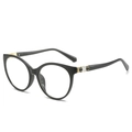 Classic glossy black round cat-eye sunglasses with decorative temples for women - Black Frame (Clear Lenses)
