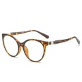 Retro round tortoise shell cat-eye sunglasses with unique geometric metal hinge accents - Leopard Frame (Clear Lenses)
