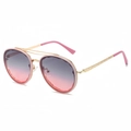Stylish double bridge round sunglasses with wavy gradient lenses and golden frames - Pink Frame Gray Pink Lens