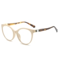 Retro cat-eye sunglasses with beige frames, tortoise temples, and golden decorative hinge - Beige Frame (Clear Lens)