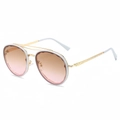 White round sunglasses with golden floral temples and pink gradient wavy lenses - White Frame Tea Pink Lens