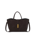 Dark brown leather bucket tote bag with gold metal lock and dual shoulder straps - Brown