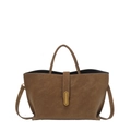 Deep brown matte leather tote bag for women with gold oval metal buckle and top handle - Brown