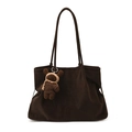 Brown suede tote bag with long shoulder strap and cute knitted bear charm accessory - With Pendant / Brown