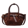 Borsa a mano in pelle scamosciata marrone scuro con fibbia in cuoio ed elegante manico - Marrone