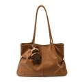 Classic camel brown large tote bag in soft matte PU leather with a cute bear charm pendant - With Pendant / Brown