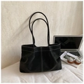 Minimalist black suede tote bag with white contrast stitching and long shoulder straps - Large Underarm Tote Bag / Black (No Pendant)