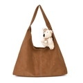 Bolso hobo vintage marrón con costuras en contraste y colgante de oso de peluche - Con Colgante / Marrón
