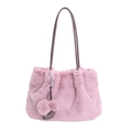 Borsa a secchiello in peluche rosa con manici marroni e ciondoli a cuore di pelliccia - Rosa antico