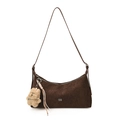 Sac hobo rétro marron foncé avec cuir plissé et breloque ours en peluche - Sans pendentif / Café