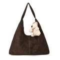 Bolso tote marrón oscuro con costuras blancas en contraste y colgante de peluche - Con Colgante / Marrón