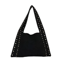 Bolso tote minimalista de ante negro con remaches metálicos dorados en la correa del hombro - Negro