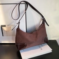 Minimalist dark brown suede dumpling bag with dark coffee leather patchwork detail - Brown