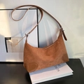 Brown faux suede dumpling bag with leather corner patches and thin shoulder strap - Brown