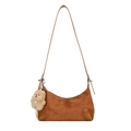 Brown suede dumpling shoulder bag with dark leather trim and cute bear keychain charm - Brown with Pendant
