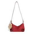 Red suede and patent leather hobo bag with a brown teddy bear plush charm - Red with Pendant
