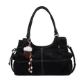 Grand sac cabas noir mat avec surpiqûres blanches et pendentif gant en peluche doux - Avec Pendentif / Noir