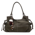 Grand sac cabas vert olive en similicuir avec surpiqûres blanches et pompon doux - Avec Pendentif / Vert
