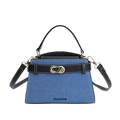 Sac à main trapèze en denim bleu et cuir noir avec fermoir rotatif doré et poignée - Noir