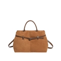 Vintage-Einkaufstasche aus braunem Wildleder mit glatten Ledergriffen und Metallschnalle - Gelbbraun