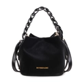 Minimalist black bucket bag featuring textured velvet finish and woven handle - Black