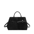 Retro schwarze Shopper Tasche aus Wildleder mit Ledergriffen und Metallschnalle - Schwarz
