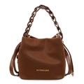 Deep brown bucket bag in faux leather with gold chain handle and brand logo - Brown
