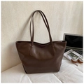Dark brown large capacity faux leather tote bag with vintage texture and slim shoulder straps - Coffee without Pendant