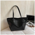 Large black glossy PU leather tote bag shown with a laptop for work or commute - Black without Pendant