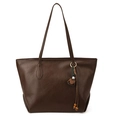 Deep brown tote bag in vintage PU leather with ethnic tassel and wooden bead charm - With Pendant / Brown