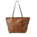 Minimalist deep brown faux leather tote bag featuring stylish wood bead tassel charms - With Pendant / Brown