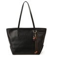 Minimalist black leather tote bag with long shoulder straps and floral bag charm accessory - With Pendant / Black
