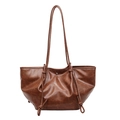 Brown vintage large capacity tote bag with pleated leather texture and slim straps - Brown