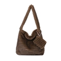 Borsa tote marrone in peluche con motivo a griglia e mini portamonete coordinato - Marrone