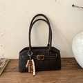 Vintage black suede handbag with contrast stitching and beaded tassel detail - Black with Pendant
