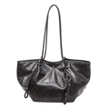 Retro large capacity black tote bag with drawstring knots and distressed faux leather - Black