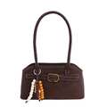 Dunkelbraune Retro-Schultertasche mit Kontrastnaht und perlenbesetztem Taschenanhänger - Mit Anhänger / Braun
