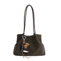 Minimalist olive green soft leather tote bag with stylish leopard print ribbon and heart charm - PU With Pendant / Green