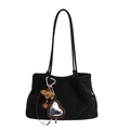 Black suede tote bag featuring a leopard heart mirror and plush ball charm - Suede Surface With Pendant / Black